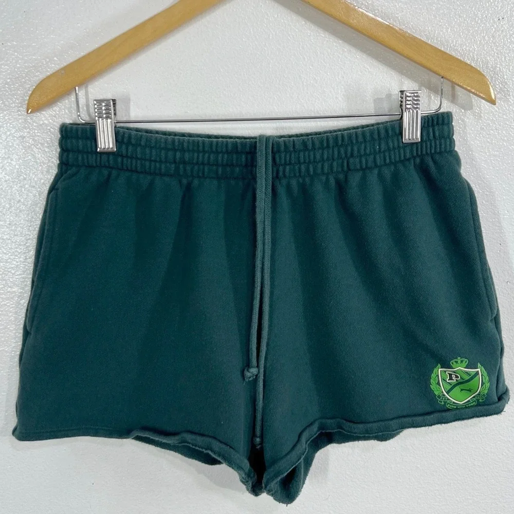 PINK Victoria's Secret Campus Fleece Shorts Medium Green Varsity Crest Raw Hem